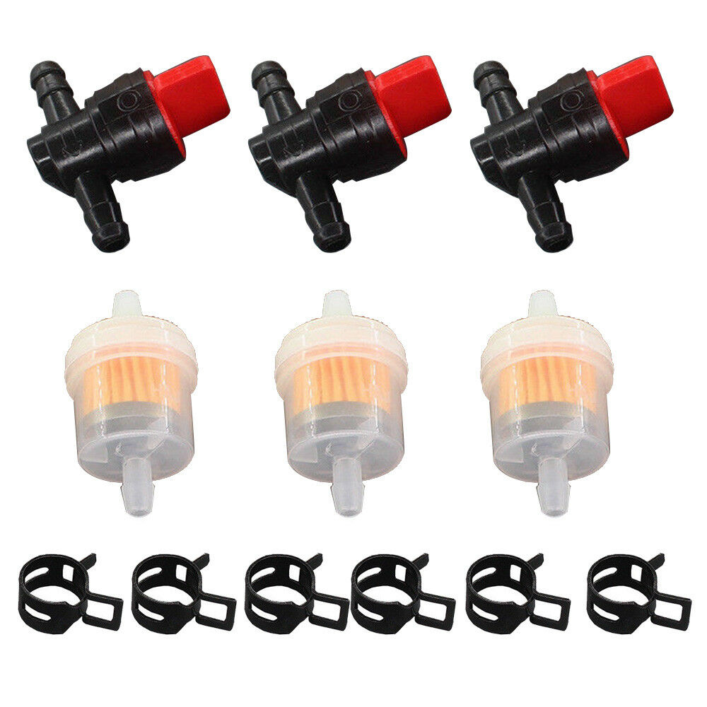3 Kit 1/4" Line Fuel Gas Filter Shut Cut Off Valve Clamp For Briggs